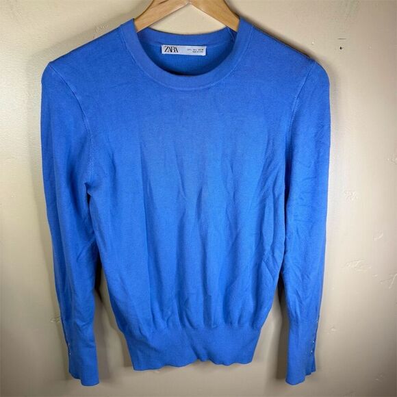 Zara Women's Blue Crew‎ Neck Pullover Sweater Size Large Soft Cozy Classic - Picture 1 of 5